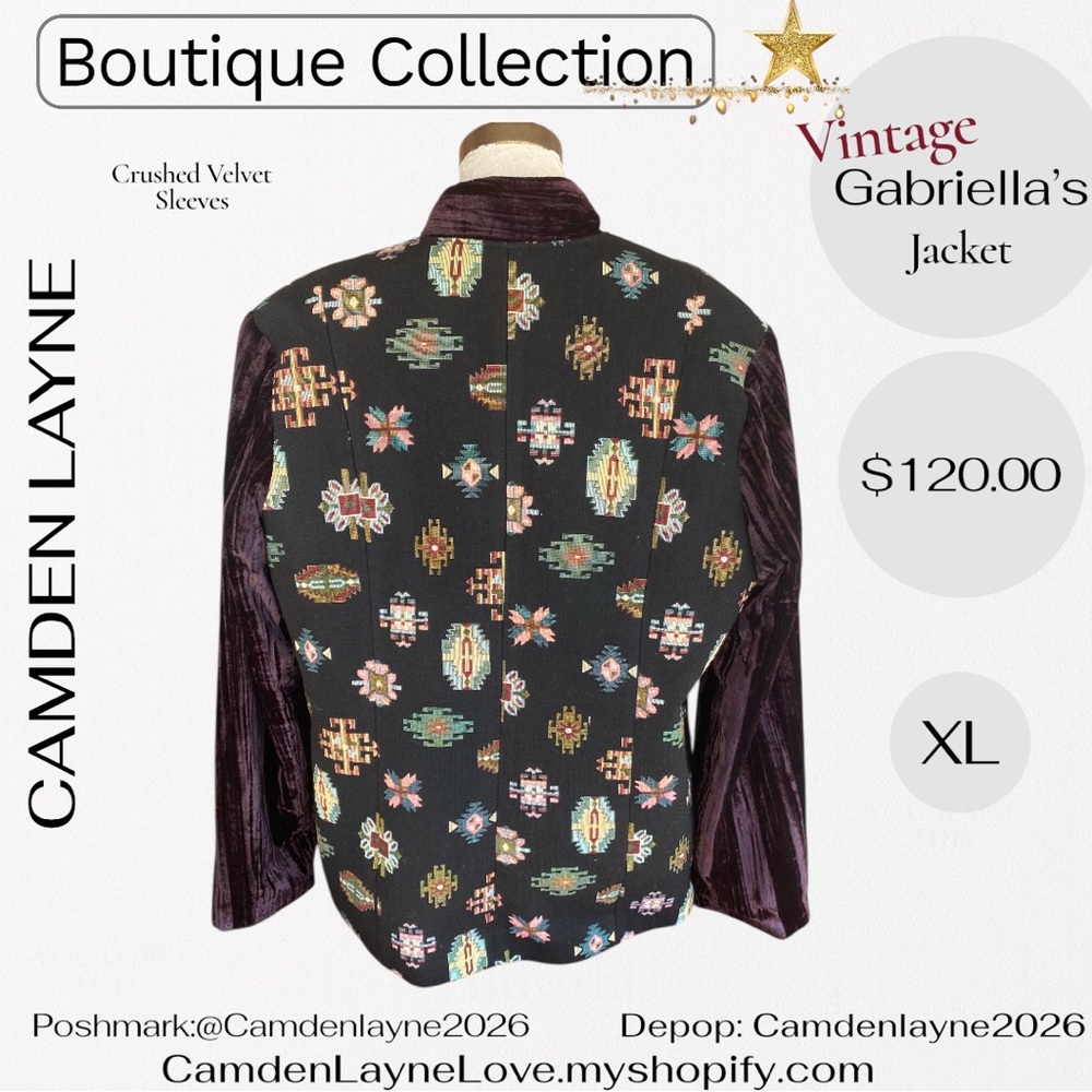 Vintage Gabriella’s Tapestry Art Needlepoint Jacket, Crushed Velvet Sleeves - Picture 12 of 13